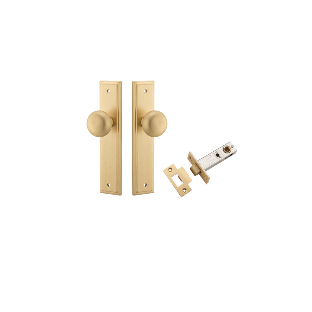 Door Knob Cambridge Stepped Latch Brushed Brass H240xW50xP67mm Passage Kit, Tube Latch Split Cam 'T' Striker Brushed Brass Backset 60mm in Brushed Brass