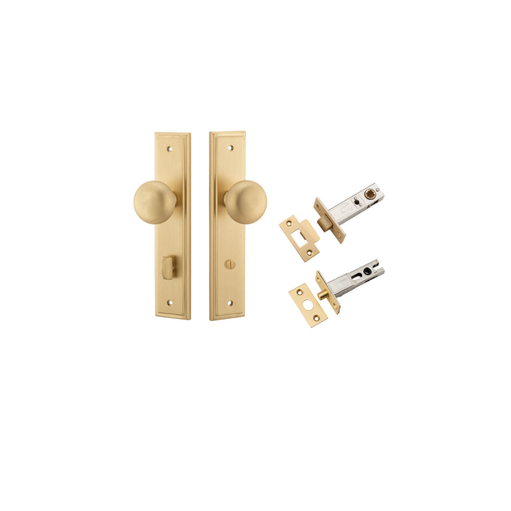 Door Knob Cambridge Stepped Privacy Satin Brass CTC85mm H237xW50xP67mm Inbuilt Privacy Kit, Tube Latch Split Cam 'T' Striker Brushed Brass Backset 60mm, Privacy Bolt Round Bolt Brushed Brass Backset 60mm in Brushed Brass