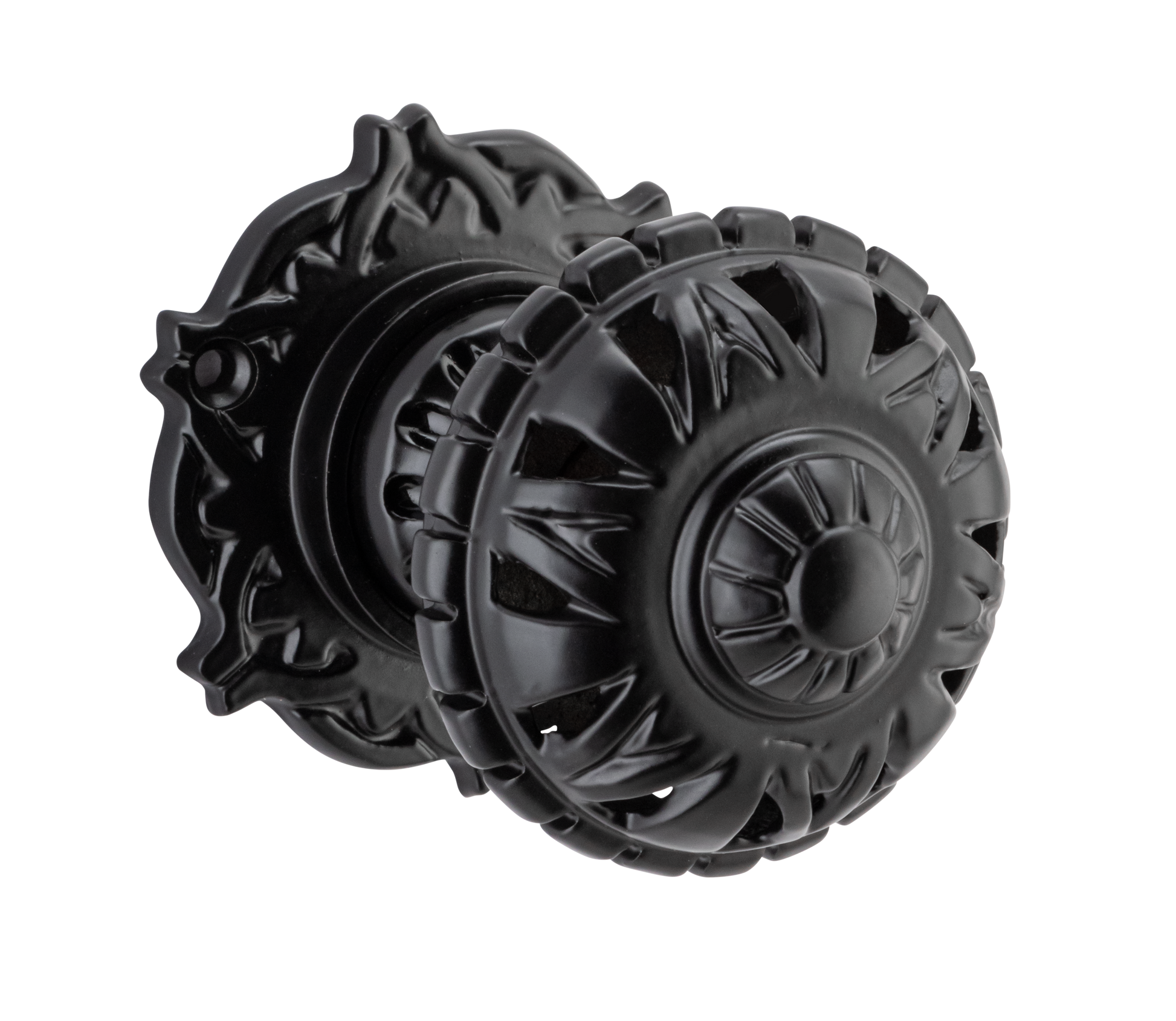 Door Knob Filigree Round Rose Pair Matt Black D63xP78mm in Matt Black