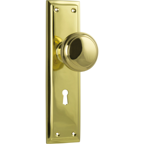 Pair of Tradco Milton door knobs with long backplates, featuring classic brass finish and elegant design for interior doors.