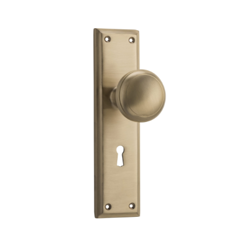 Pair of Tradco Milton knobs with long backplates, featuring a sleek, modern design for cabinet or door hardware.