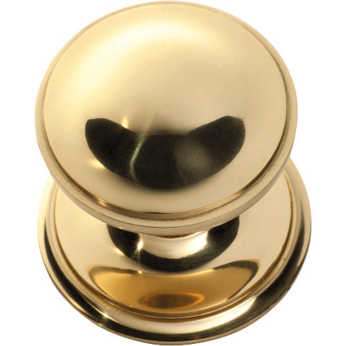 Centre Door Knob Round Unlacquered Polished Brass P86mm Backplate 85mm in Unlacquered Polished Brass
