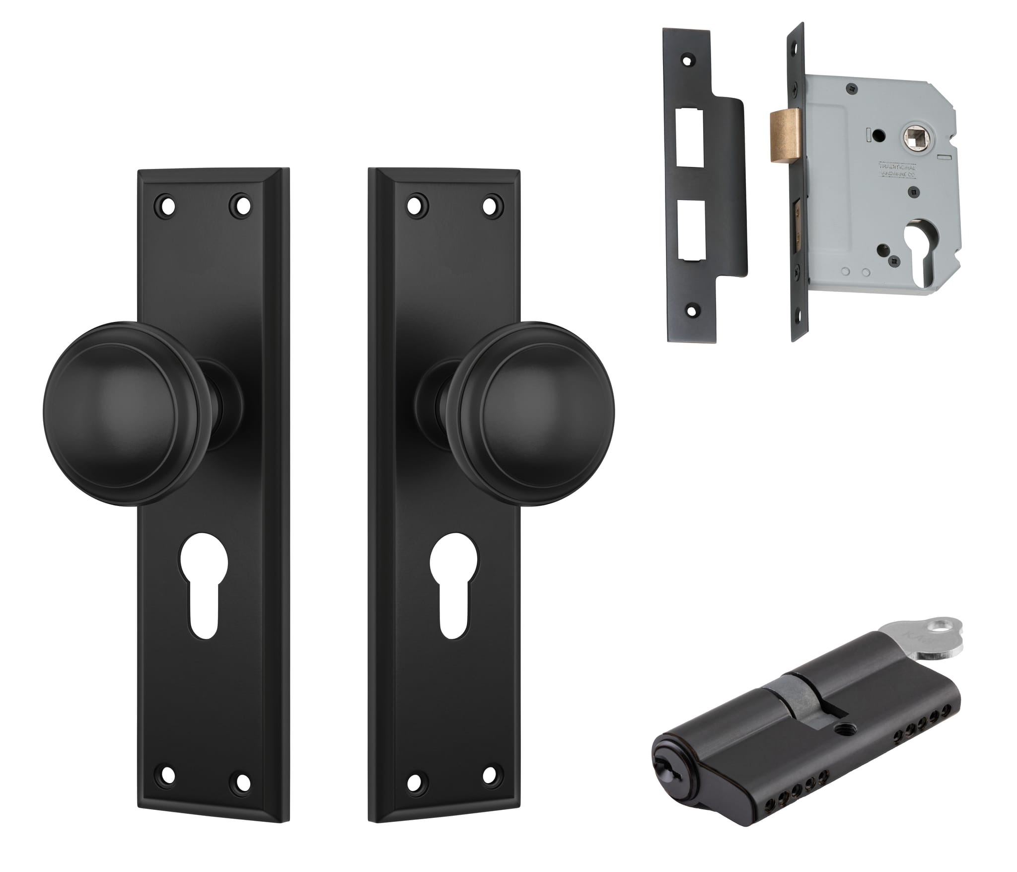 Door Knob Milton Matt Black Key / Key Entrance Set in Matt Black