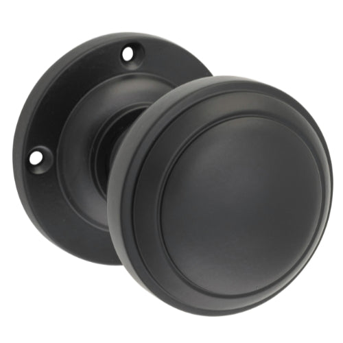 Door Knob Milton Round Rose Pair Matt Black D54xP65mm BP57mm in Matt Black