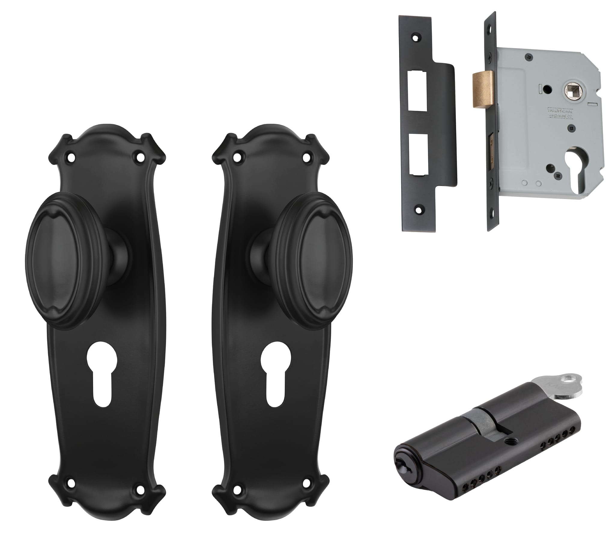 Door Knob Bungalow Matt Black Key / Key Entrance Set in Matt Black