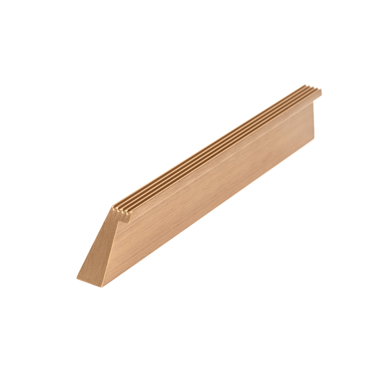 Momo RAIL cabinet pull handle in brushed brass finish, sleek and modern hardware for kitchen or bathroom cabinets.