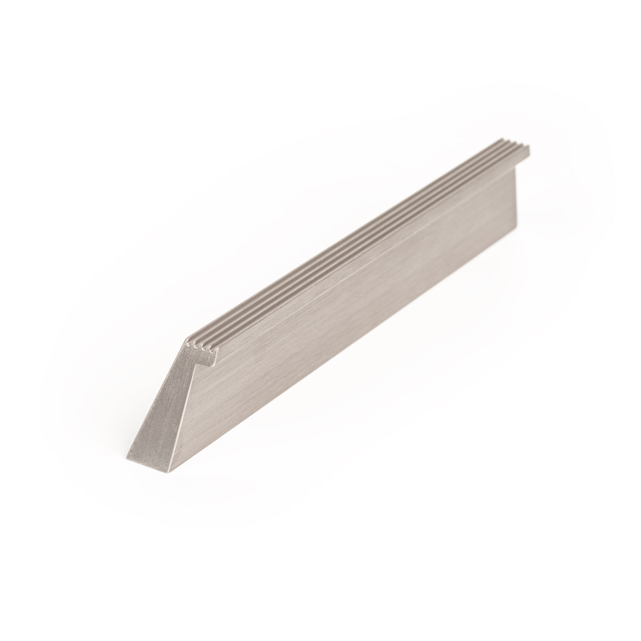 Stainless steel Momo RAIL cabinet pull handle with sleek, modern design, mounted on a cabinet door for easy opening.