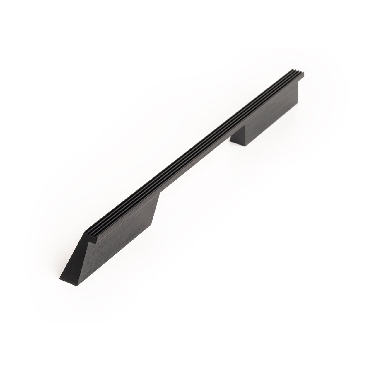 Momo RAIL cabinet pull handle in black finish mounted on a wood cabinet, showcasing modern kitchen hardware design.