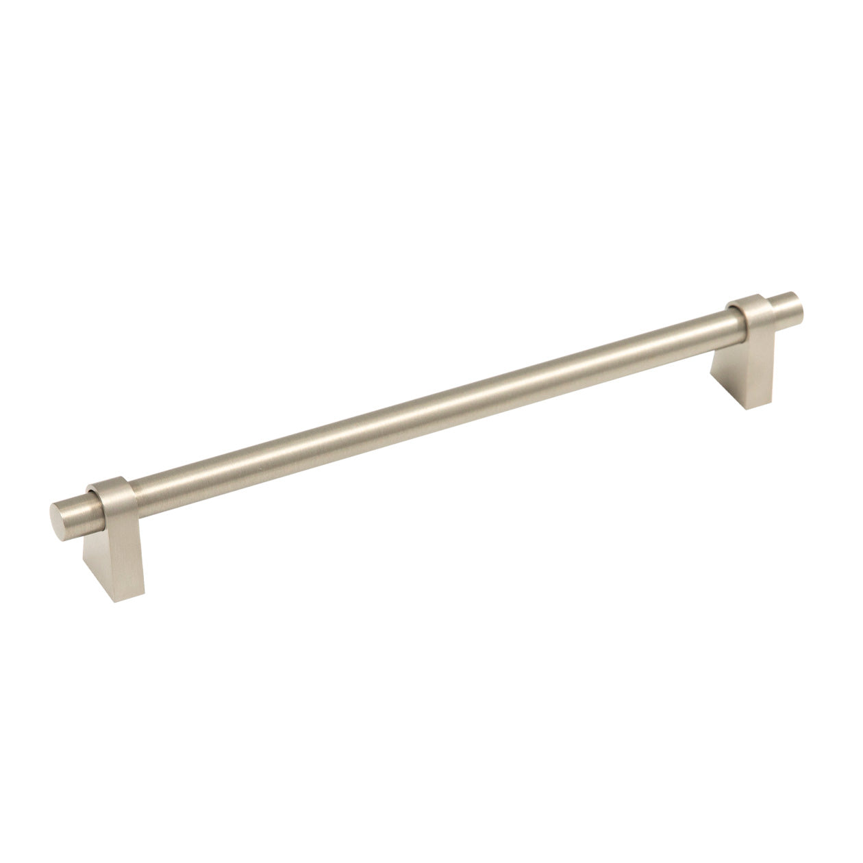 Momo Loreto cabinet pull handle in brass finish with a sleek, modern design on a wooden cabinet.