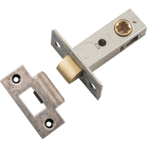 Iver Hard Sprung Split Cam Tube Latch, architectural hardware with metal finish, shown in a close-up view.