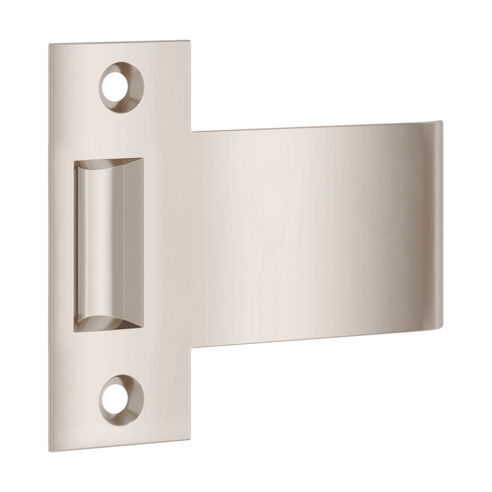 Iver extended strike plate for roller tube latch, made of durable architectural hardware, mounted on a door frame.