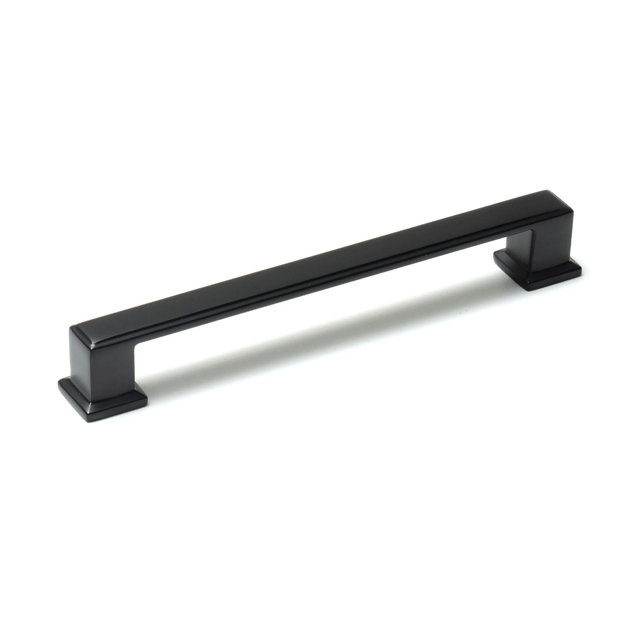 Momo LUCCA cabinet pull handle in matte black finish, shown on a wooden cabinet door. Durable and stylish hardware for furniture.