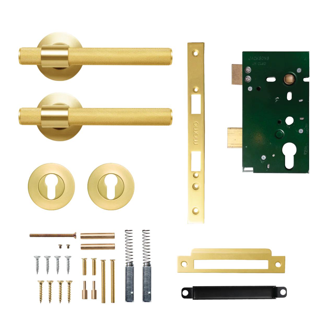 MOMO BELGRAVIA KNURLED LEVER SOLID BRASS MORTICE ENTRANCE SET - BRUSHED SATIN BRASS in Brushed Satin Brass