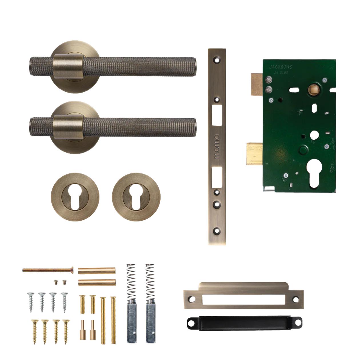 MOMO BELGRAVIA KNURLED LEVER SOLID BRASS MORTICE ENTRANCE SET - DARK BRUSHED BRASS in Dark Brushed Brass
