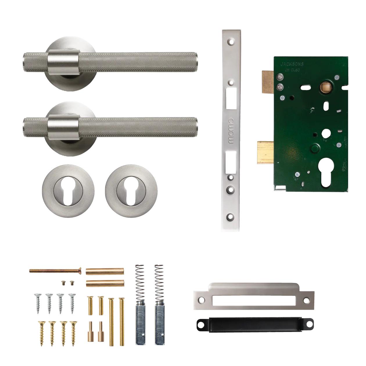 MOMO BELGRAVIA KNURLED LEVER SOLID BRASS MORTICE ENTRANCE SET - DULL BRUSHED NICKEL in Dull Brushed Nickel