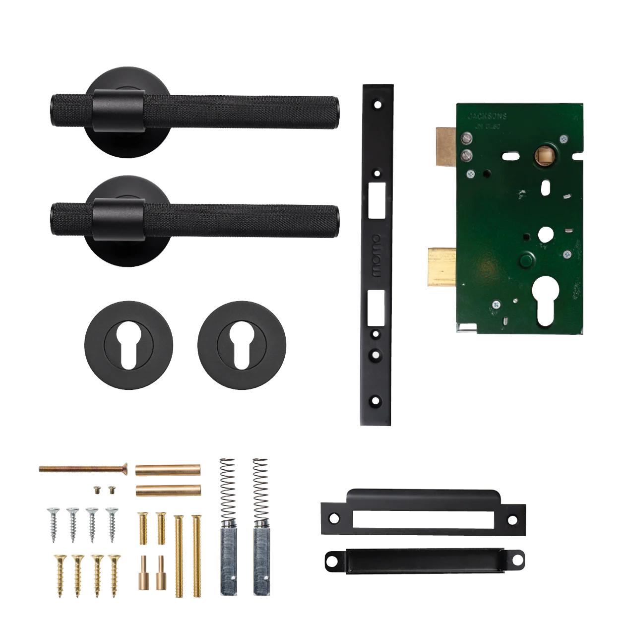 MOMO BELGRAVIA KNURLED LEVER SOLID BRASS MORTICE ENTRANCE SET - MATT BLACK in Matt Black
