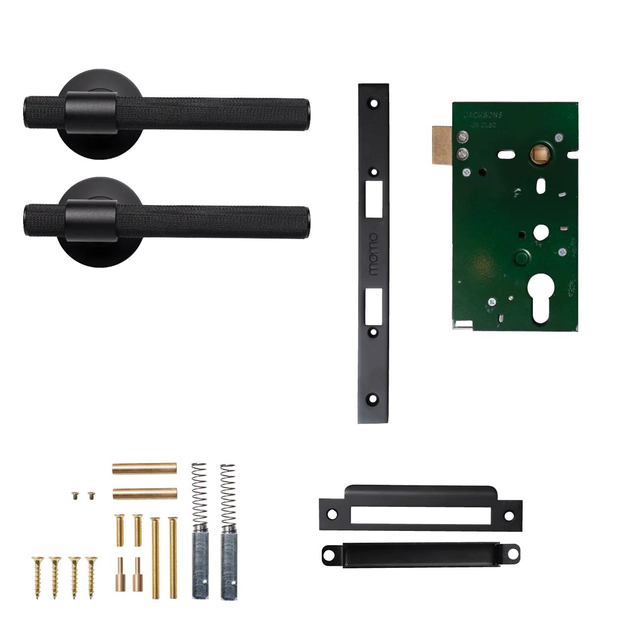 MOMO BELGRAVIA KNURLED LEVER SOLID BRASS MORTICE PASSAGE SET - MATT BLACK in Matt Black