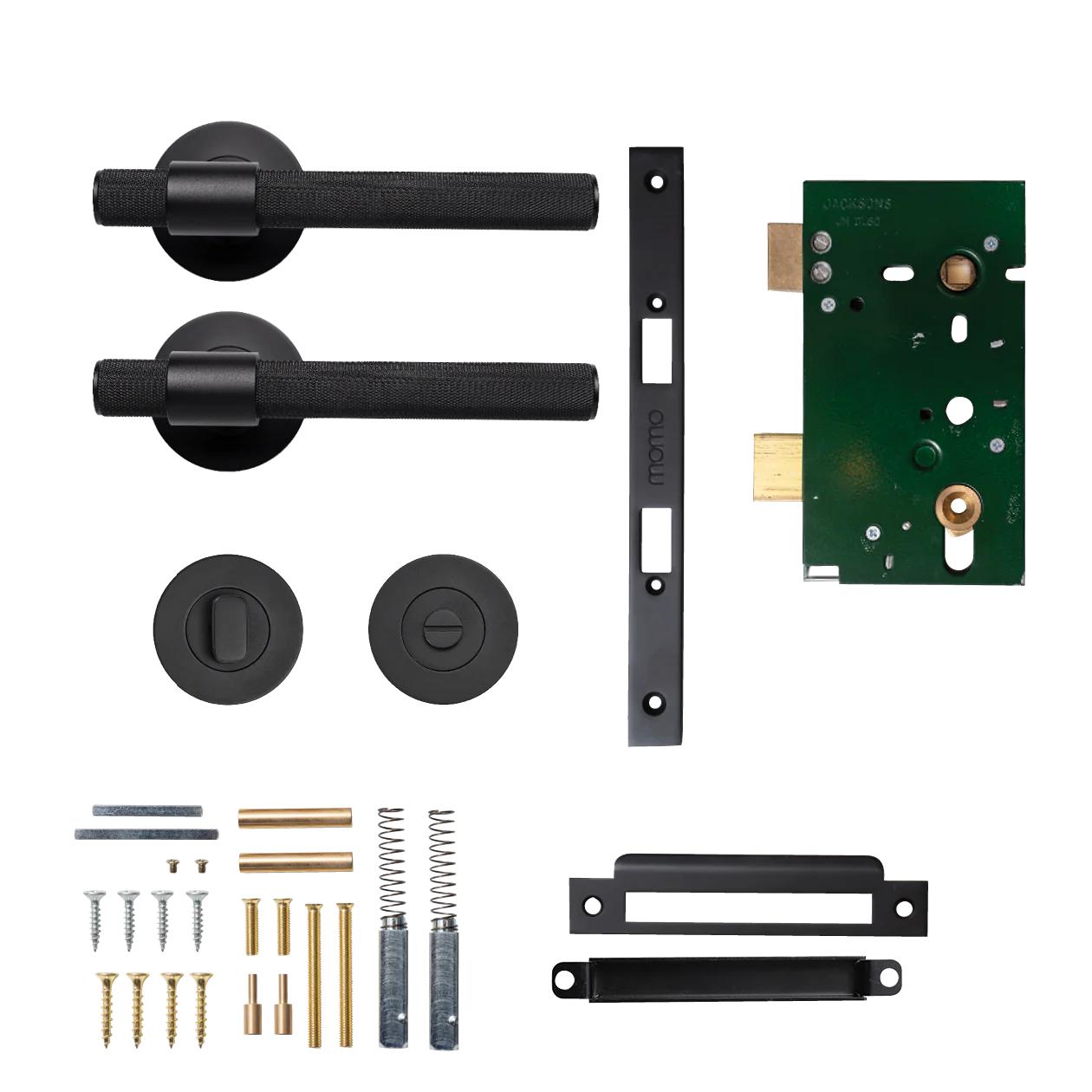 MOMO BELGRAVIA KNURLED LEVER SOLID BRASS MORTICE PRIVACY SET - MATT BLACK in Matt Black