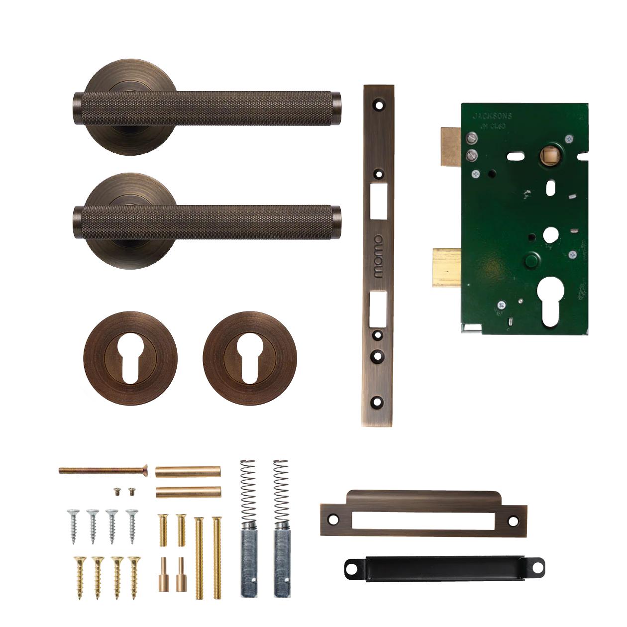 MOMO BELLEVUE KNURLED LEVER SOLID BRASS MORTICE ENTRANCE SET - BRONZE in Bronze