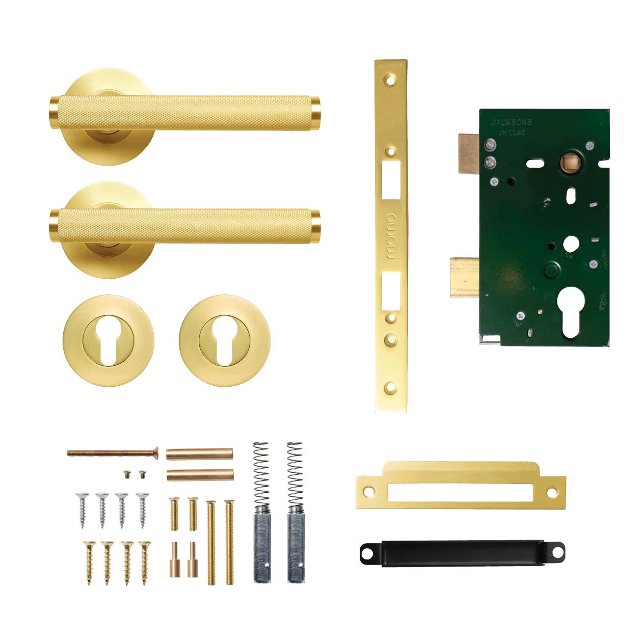 MOMO BELLEVUE KNURLED LEVER SOLID BRASS MORTICE ENTRANCE SET - BRUSHED SATIN BRASS in Brushed Satin Brass