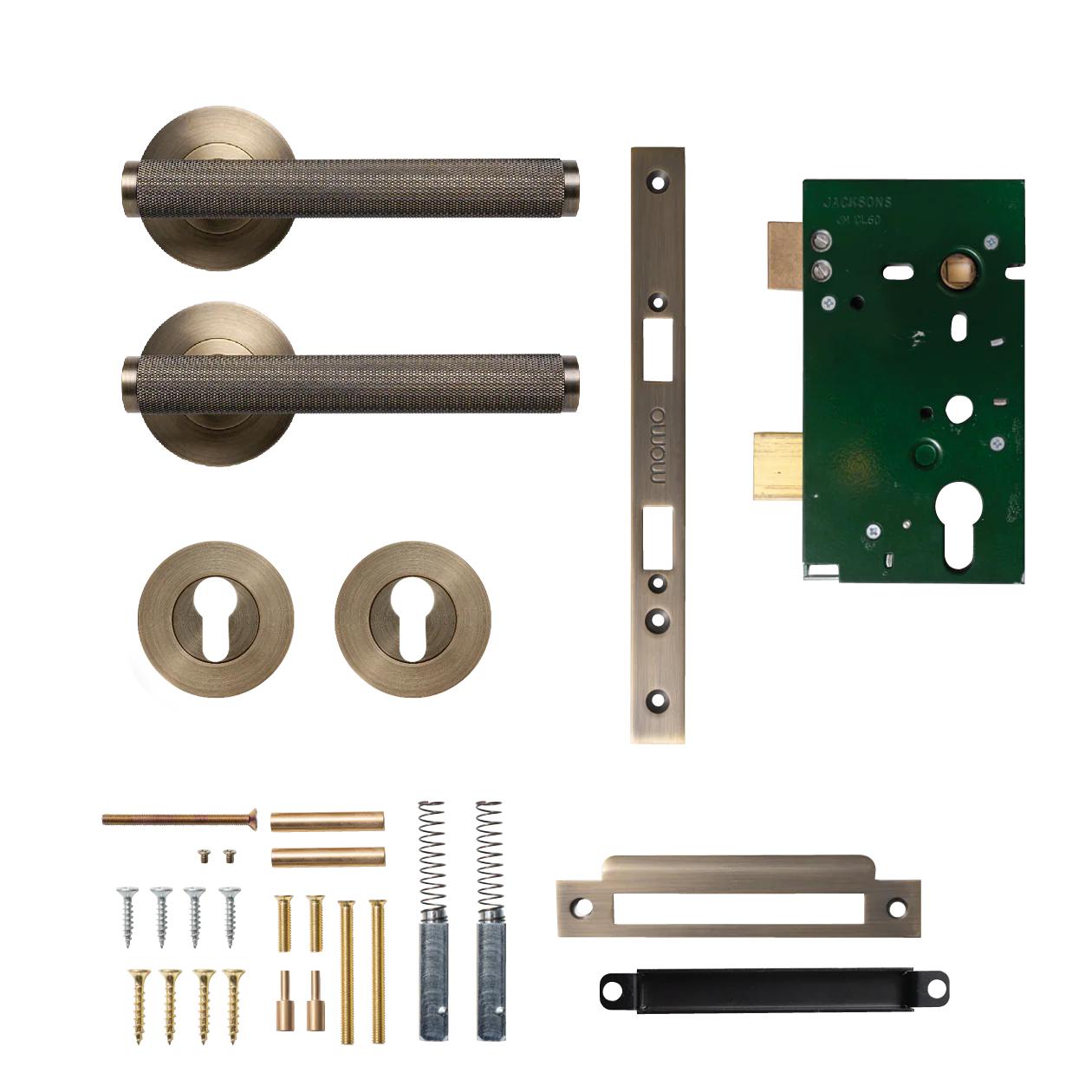 MOMO BELLEVUE KNURLED LEVER SOLID BRASS MORTICE ENTRANCE SET - DARK BRUSHED BRASS in Dark Brushed Brass
