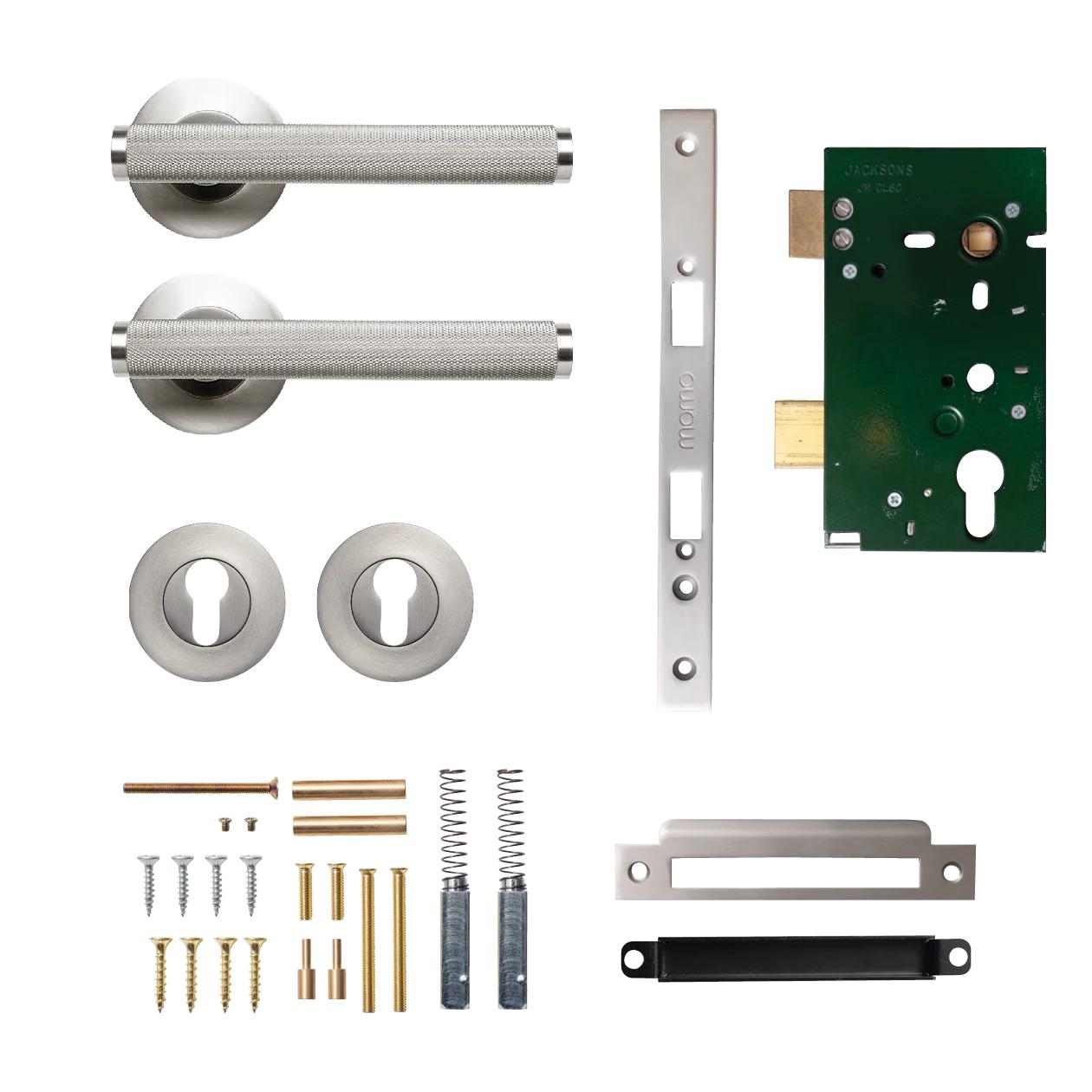 MOMO BELLEVUE KNURLED LEVER SOLID BRASS MORTICE ENTRANCE SET - DULL BRUSHED NICKEL in Dull Brushed Nickel