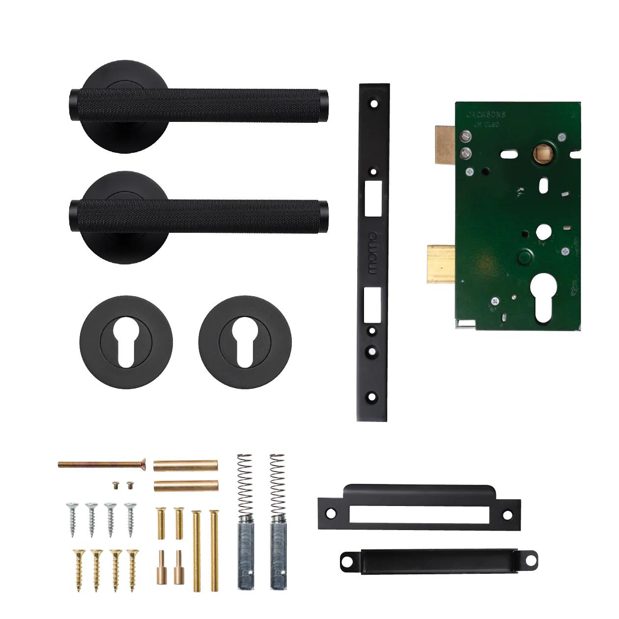 MOMO BELLEVUE KNURLED LEVER SOLID BRASS MORTICE ENTRANCE SET - MATT BLACK in Matt Black