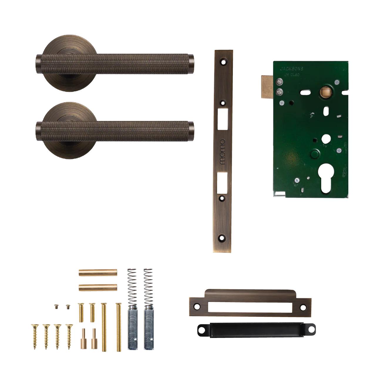 MOMO BELLEVUE KNURLED LEVER SOLID BRASS MORTICE PASSAGE SET - BRONZE in Bronze