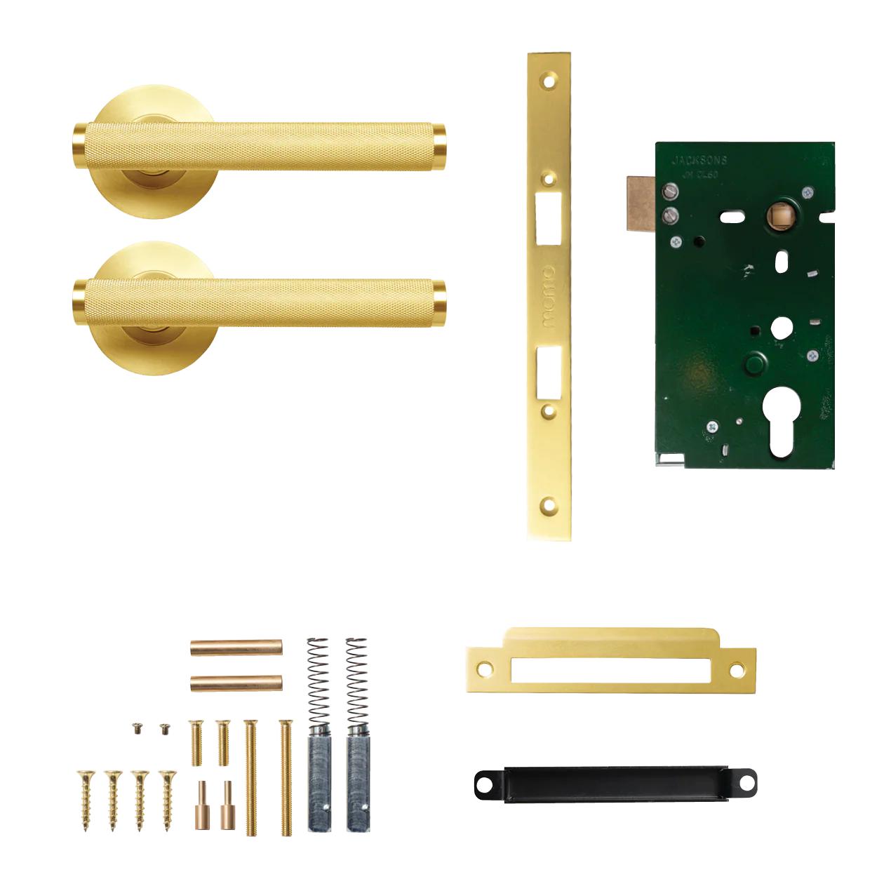 MOMO BELLEVUE KNURLED LEVER SOLID BRASS MORTICE PASSAGE SET - BRUSHED SATIN BRASS in Brushed Satin Brass