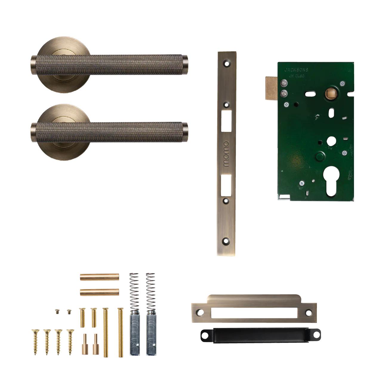MOMO BELLEVUE KNURLED LEVER SOLID BRASS MORTICE PASSAGE SET - DARK BRUSHED BRASS in Dark Brushed Brass