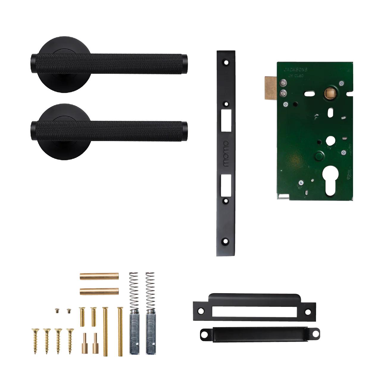MOMO BELLEVUE KNURLED LEVER SOLID BRASS MORTICE PASSAGE SET - MATT BLACK in Matt Black