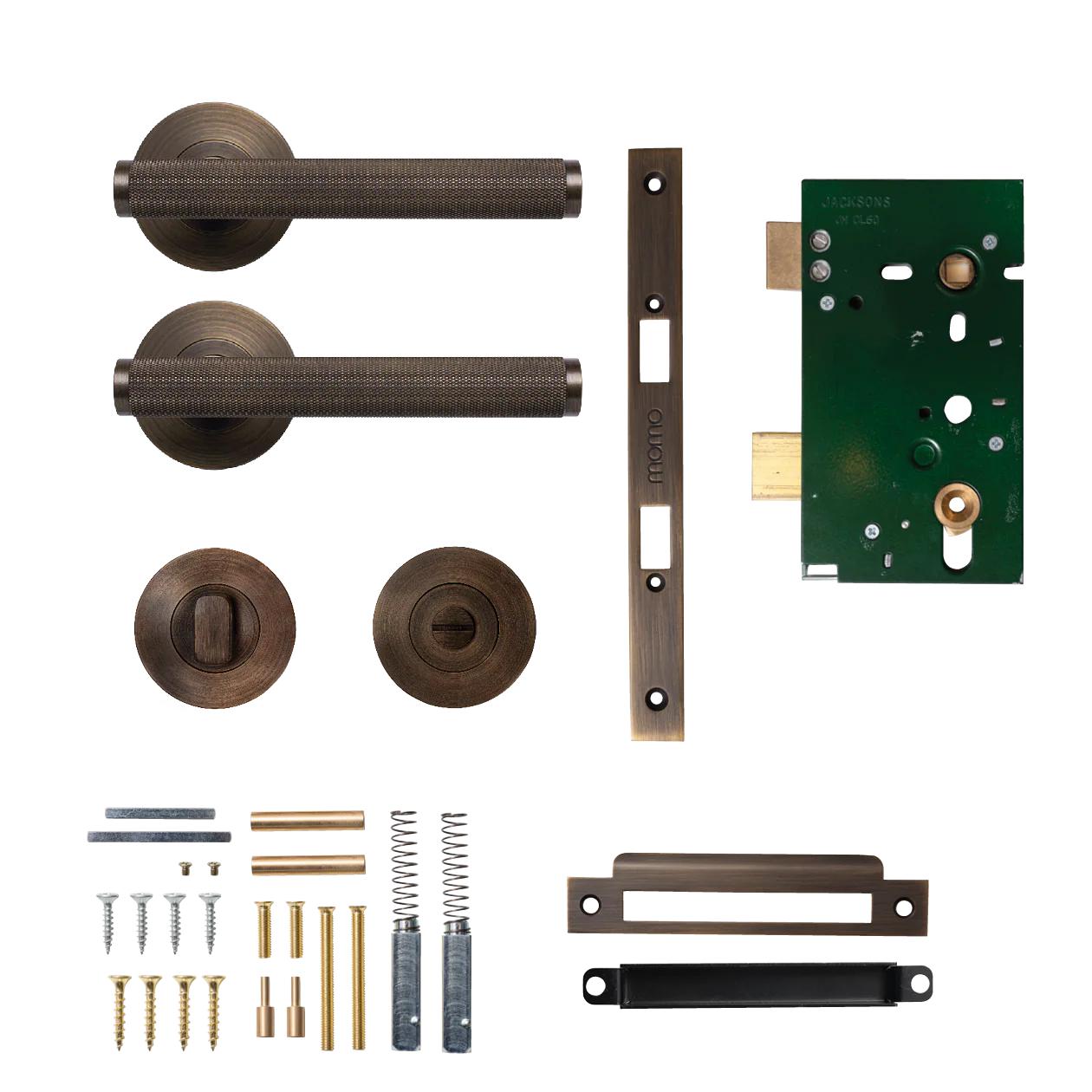 MOMO BELLEVUE KNURLED LEVER SOLID BRASS MORTICE PRIVACY SET - BRONZE in Bronze