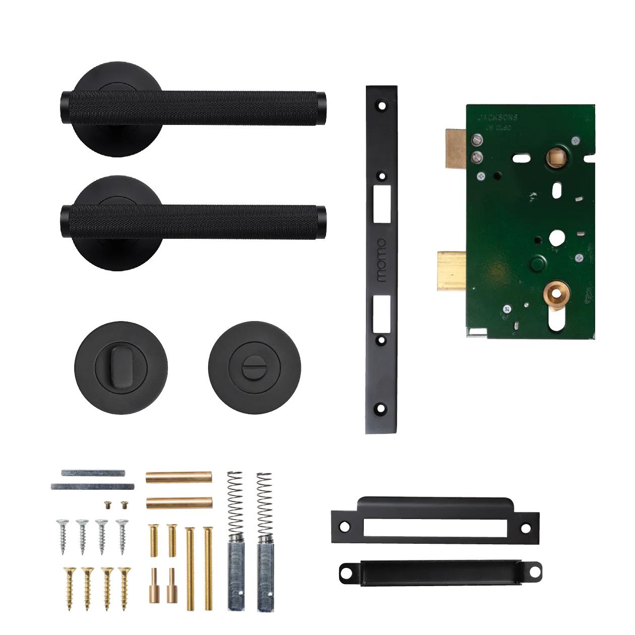 MOMO BELLEVUE KNURLED LEVER SOLID BRASS MORTICE PRIVACY SET - MATT BLACK in Matt Black