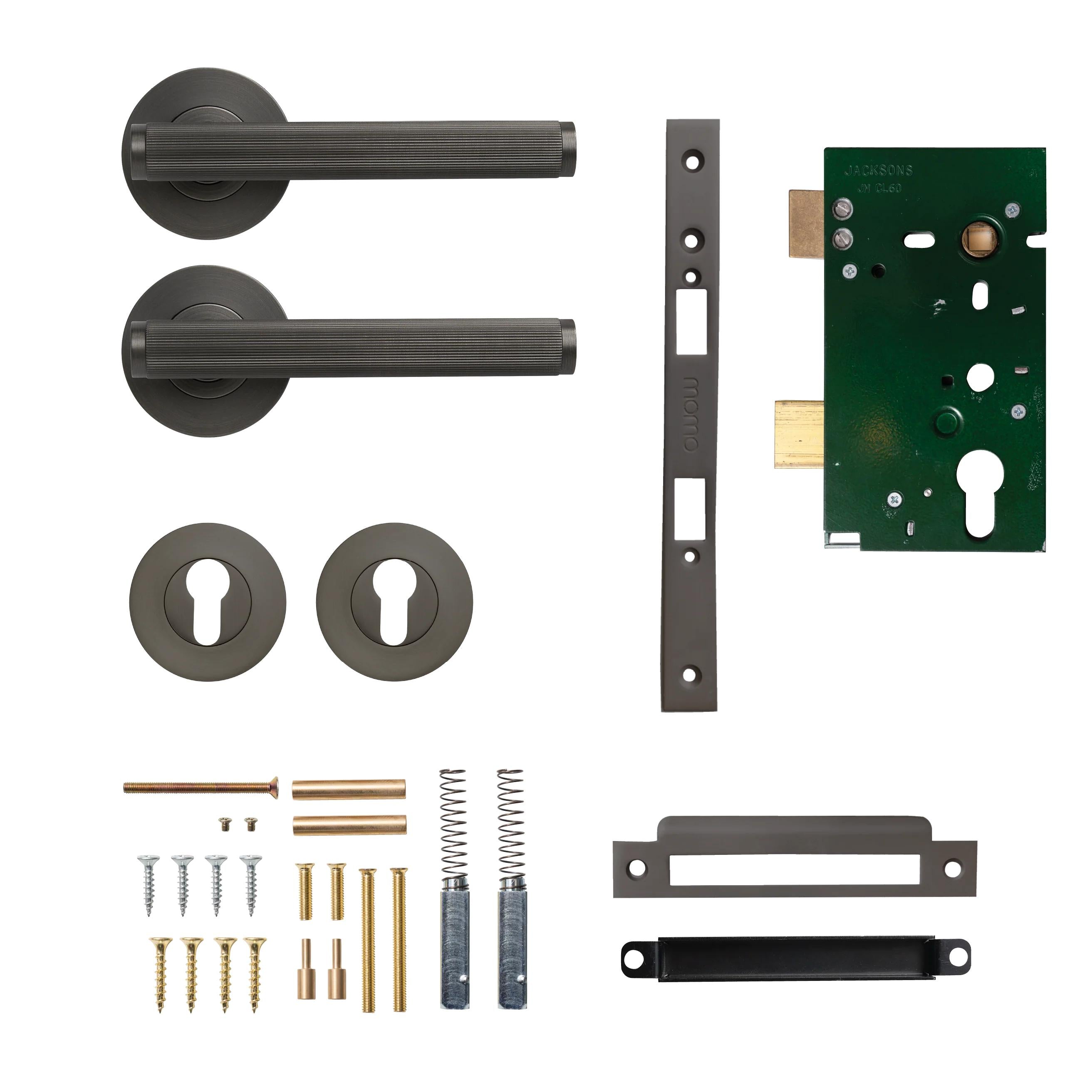 MOMO HANDLES BELLEVUE LINED LEVER SOLID BRASS MORTICE ENTRANCE SET - GUNMETAL in Gun Metal