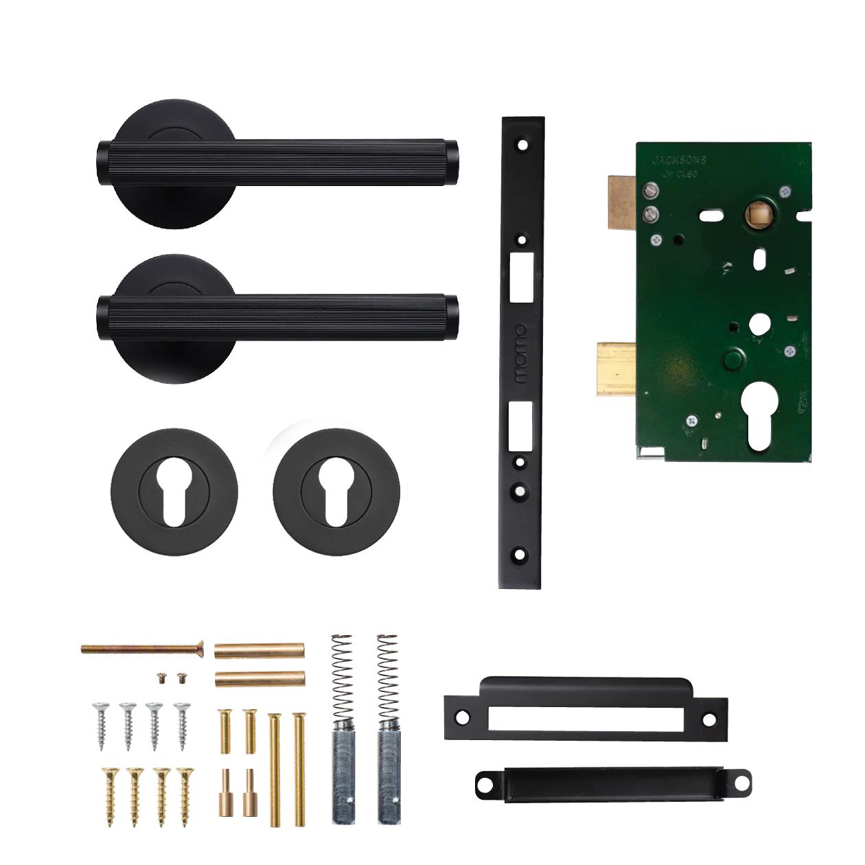 MOMO BELLEVUE LINED LEVER SOLID BRASS MORTICE ENTRANCE SET - MATT BLACK in Matt Black