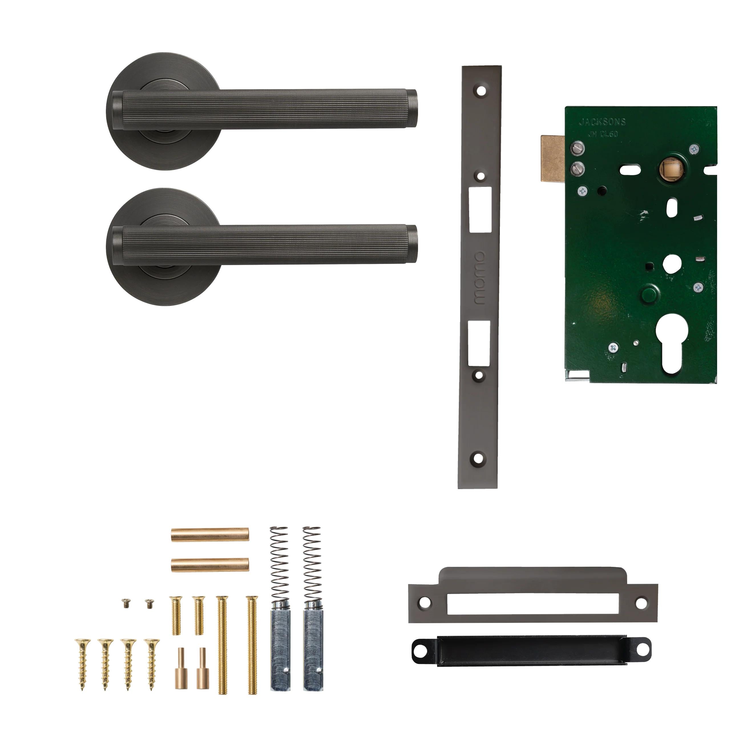 MOMO HANDLES BELLEVUE LINED LEVER SOLID BRASS MORTICE PASSAGE SET - GUNMETAL in Gun Metal
