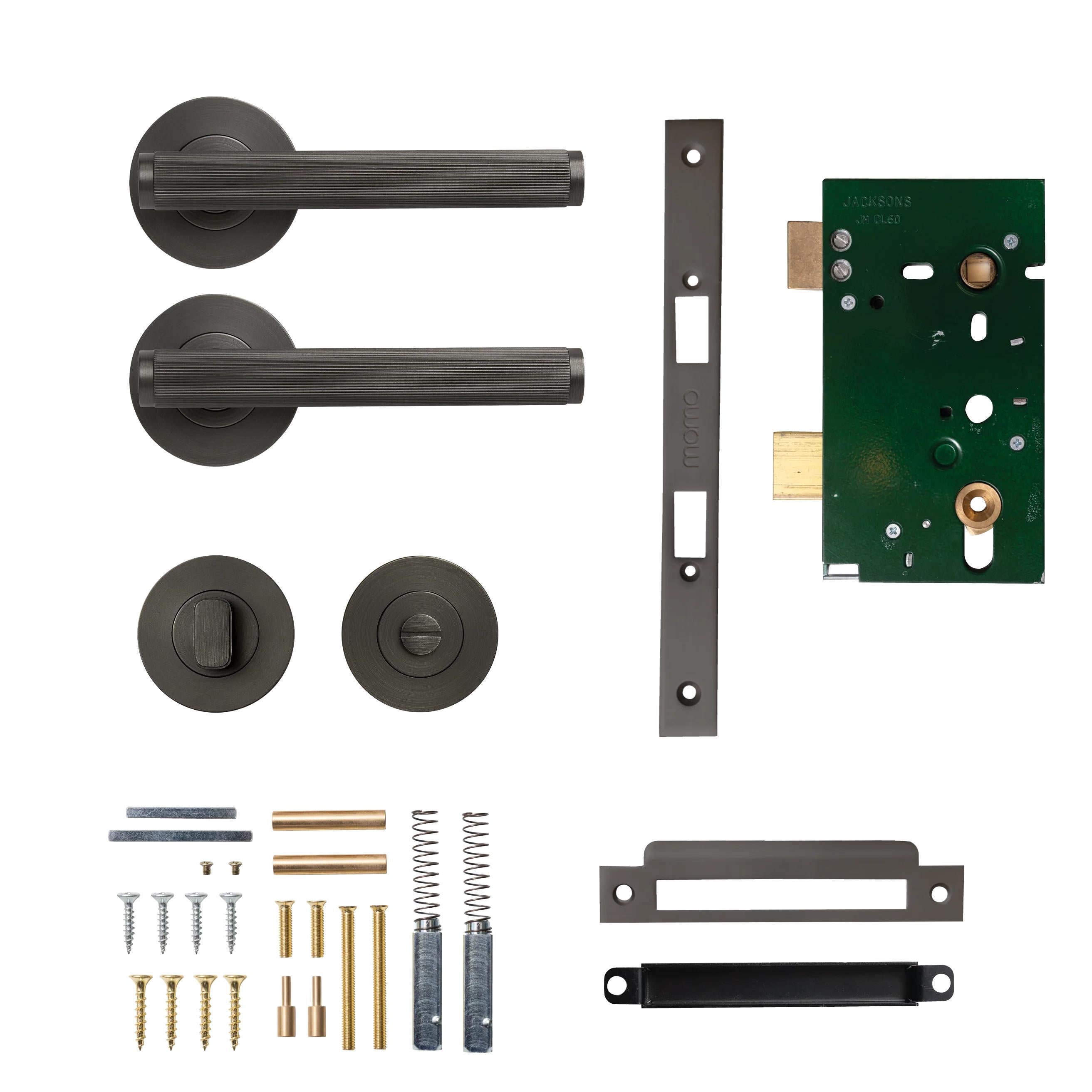 MOMO HANDLES BELLEVUE LINED LEVER SOLID BRASS MORTICE PRIVACY SET - GUNMETAL in Gun Metal