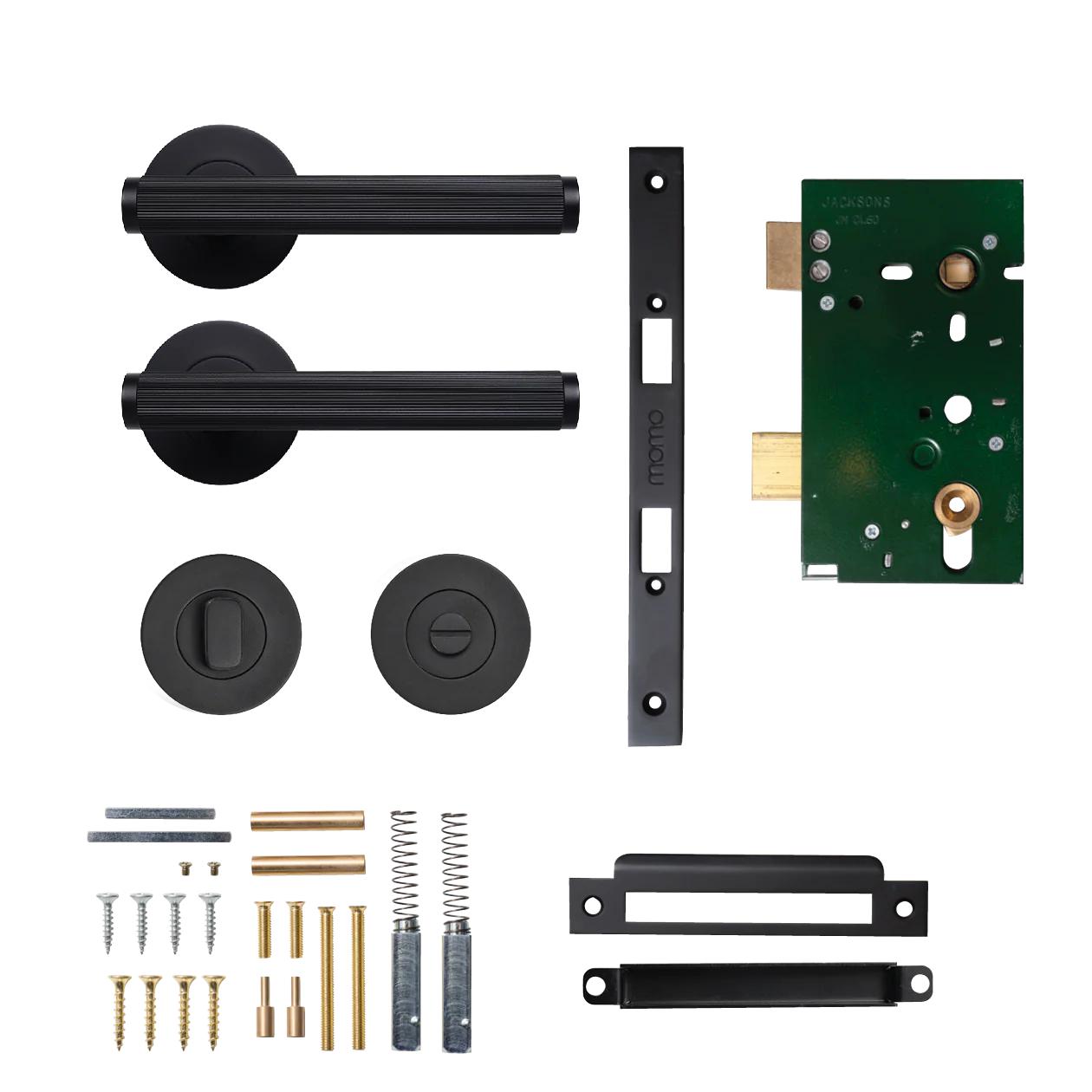 MOMO BELLEVUE LINED LEVER SOLID BRASS MORTICE PRIVACY SET - MATT BLACK in Matt Black