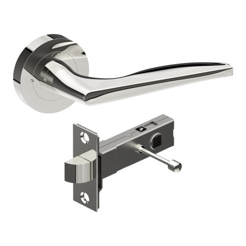CASTILE Door Handles on Ø52mm Integrated Privacy Rose inc. Latch in Polished Stainless Steel
