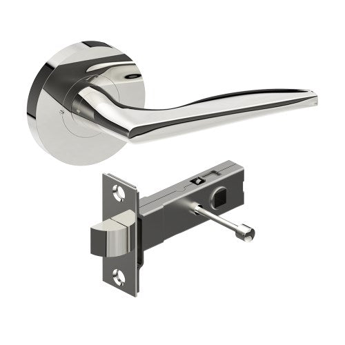 CASTILE Door Handles on Ø65mm Integrated Privacy Rose inc. Latch in Polished Stainless Steel