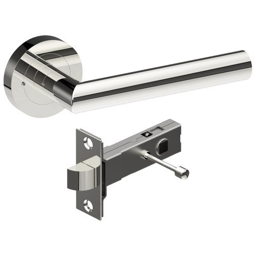 CETINA Door Handles on Ø52mm Integrated Privacy Rose inc. Latch in Polished Stainless Steel
