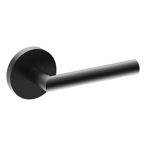 Black CETINA door handle by Style Finish Doorware, mounted on a door with a sleek, modern design.