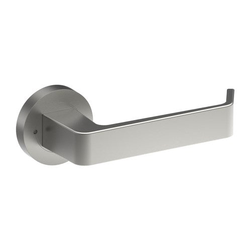 Dijon door handles by Style Finish Doorware, satin stainless steel finish, sleek modern design, mounted on a door.