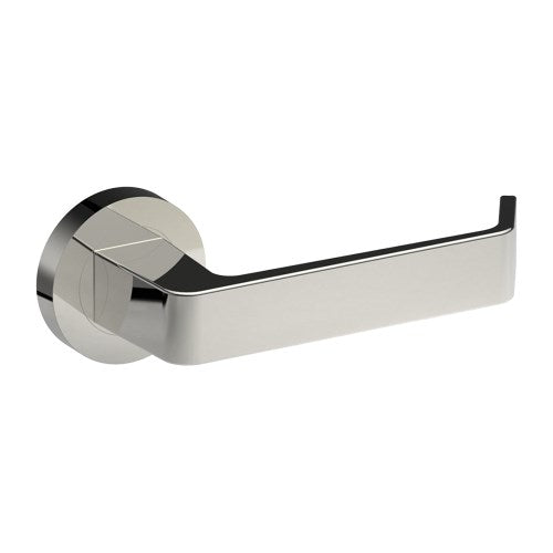 Stylish stainless steel Dijon door handle by Style Finish Doorware mounted on a door.