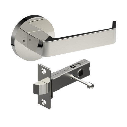 DIJON Door Handles on Ø65mm Integrated Privacy Rose inc. Latch in Polished Stainless Steel