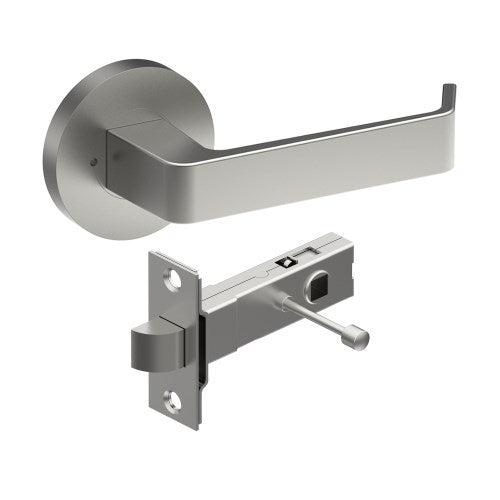 DIJON Door Handles on Ø65mm Integrated Privacy Rose inc. Latch in Satin Stainless