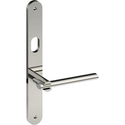PRONTO Door Handle on B01 INTERNAL Australian Standard Backplate with Cylinder Hole, Visible Fixing (Half Set) 64mm CTC in Polished Stainless Steel