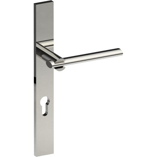PRONTO Door Handle on B02 EXTERNAL European Standard Backplate with Cylinder Hole, Concealed Fixing (Half Set) 85mm CTC in Polished Stainless Steel