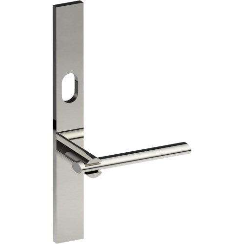 PRONTO Door Handle on B02 EXTERNAL Australian Standard Backplate with Cylinder Hole, Concealed Fixing (Half Set) 64mm CTC in Polished Stainless Steel