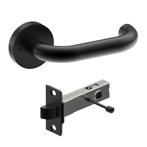Black safety door handle by Style Finish Doorware, shown on the left side of the image, with a sleek and ergonomic design.